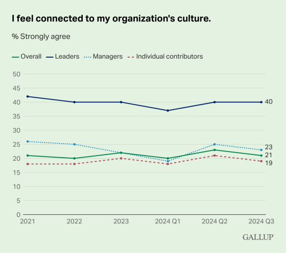 graphs showing difference in levels of connectedness with compamy culture of leaders and employees. Source - Gallup.