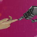 A human hand reaching out and touching a robot hand.
